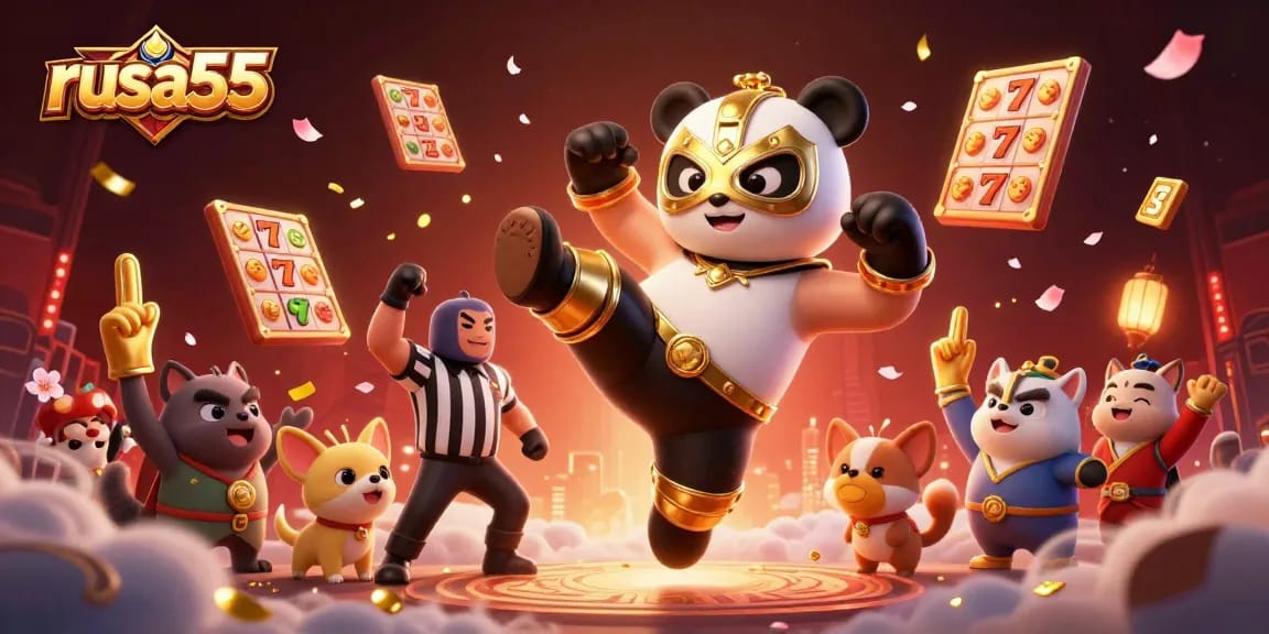 rusa55 showcases a vibrant 3D scene with a panda wrestling champion and slot reels, celebrating winning moments in gambling.