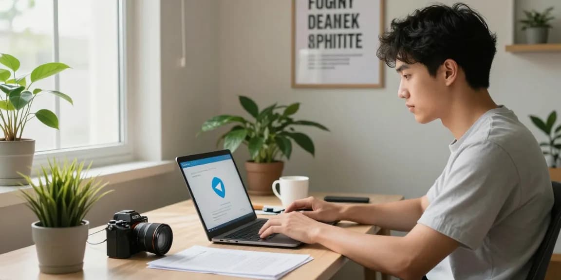 Young professional using the 纸飞机官网 on a modern laptop in a stylish home office.