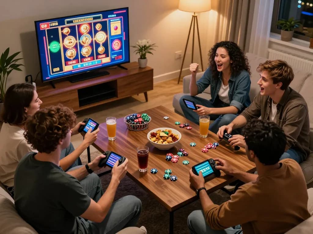 Friends enjoying online casino games at home on Kim99, celebrating wins.