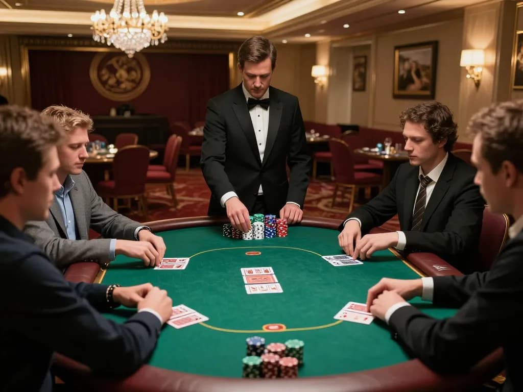 Engaging poker game scene with players focusing intensely and chips stacked, highlighting vin88tp atmosphere