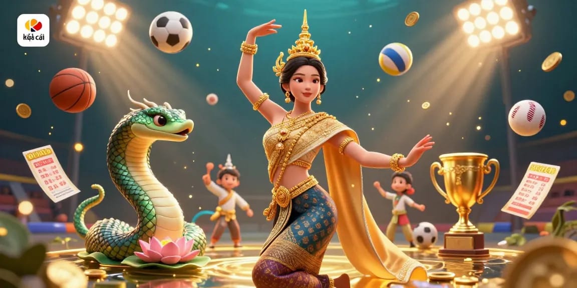 Bet on kèo nhà cái with a vibrant 3D illustration showcasing an Asian woman dancing alongside a Naga serpent amidst dynamic sports betting elements.