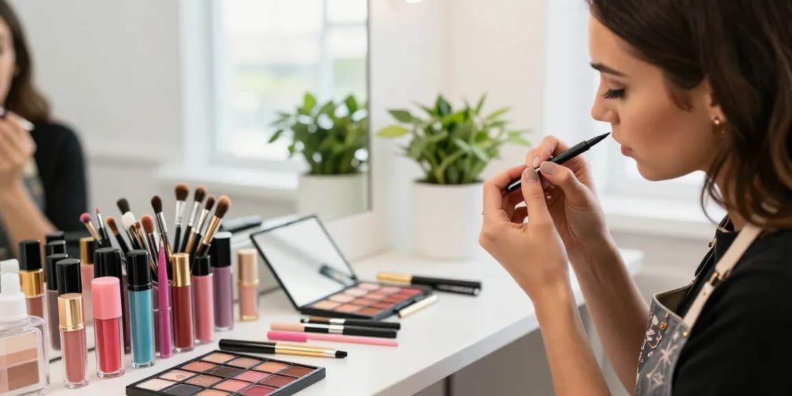 Applying Insanely Intense Tattooed Eyeliner in a bright beauty studio, showcasing vibrant cosmetics.