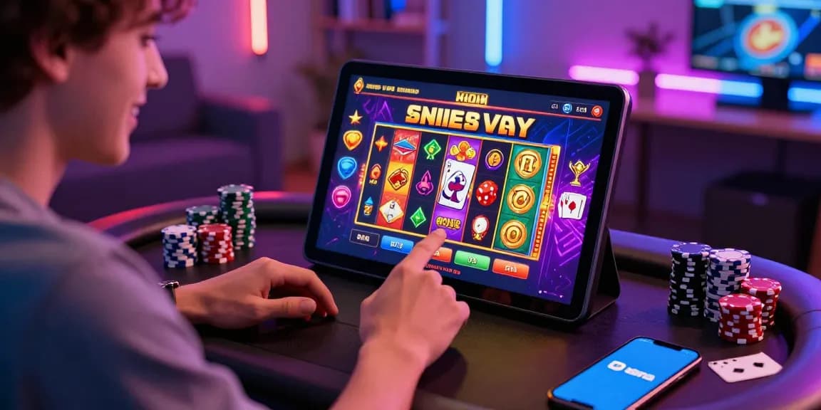 Player enjoying slot deposit 5k games on a vibrant online platform with chips and digital wallet.