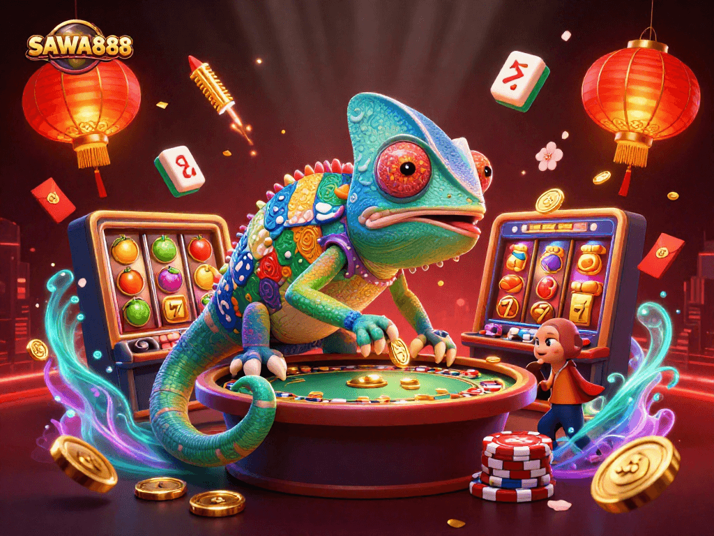 SAWA888 chameleon casino owner interacts with slot reels and golden coins in an energetic casino scene.