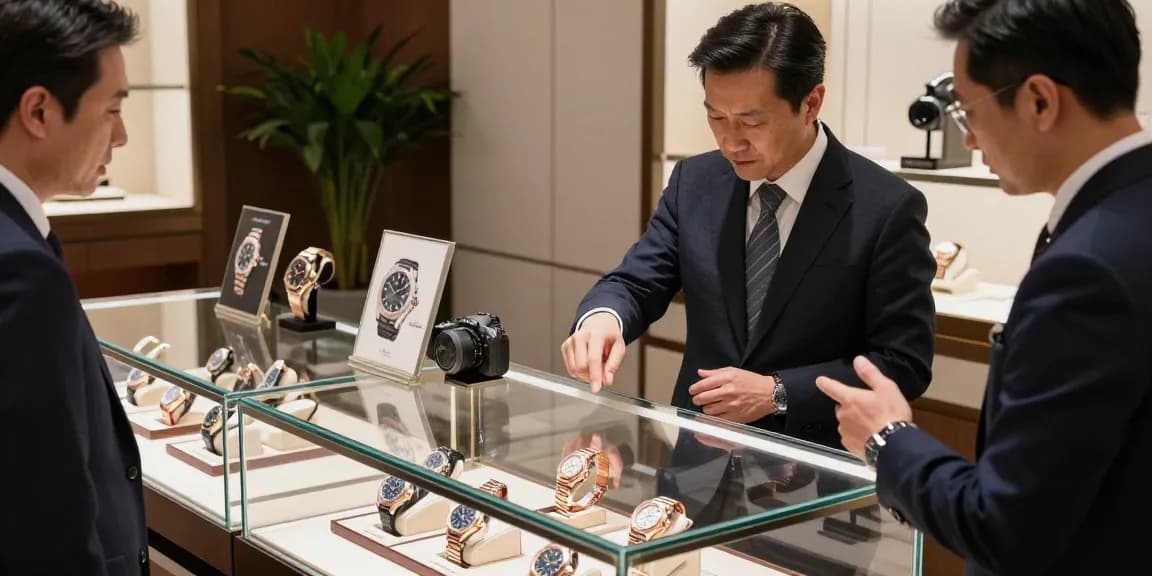 Showcase of super clone watches in a luxury retail setting with customer interaction.