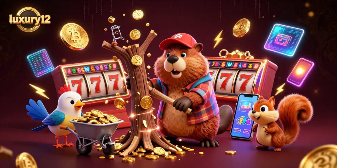 Gather your winnings in luxury12 while celebrating a jackpot with a cartoon beaver themed illustration.