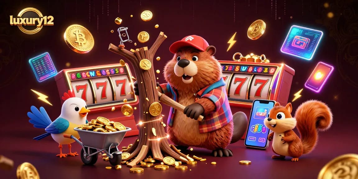 Gather your winnings in luxury12 while celebrating a jackpot with a cartoon beaver themed illustration.