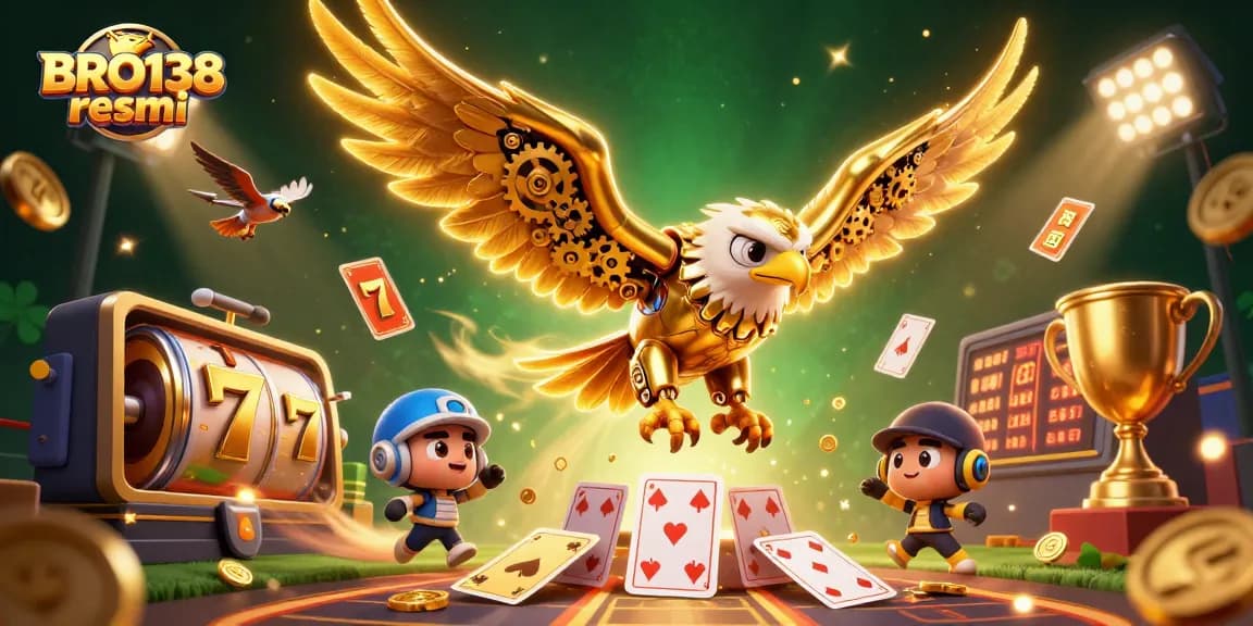 Experience BRO138 resmi with dynamic holographic playing cards and a golden eagle for an exhilarating online gaming adventure.