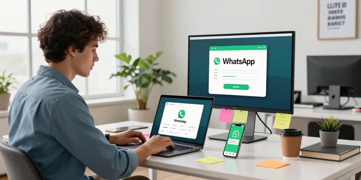 Efficient workspace scene showing WhatsApp下載 in action on a laptop and smartphone with an inviting tech atmosphere.