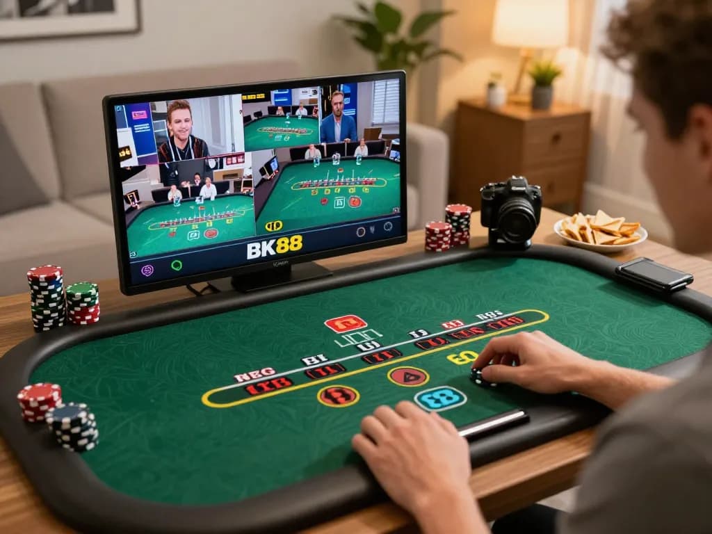 Experience exciting online gaming at BK88 with a cozy home setup featuring live dealer blackjack