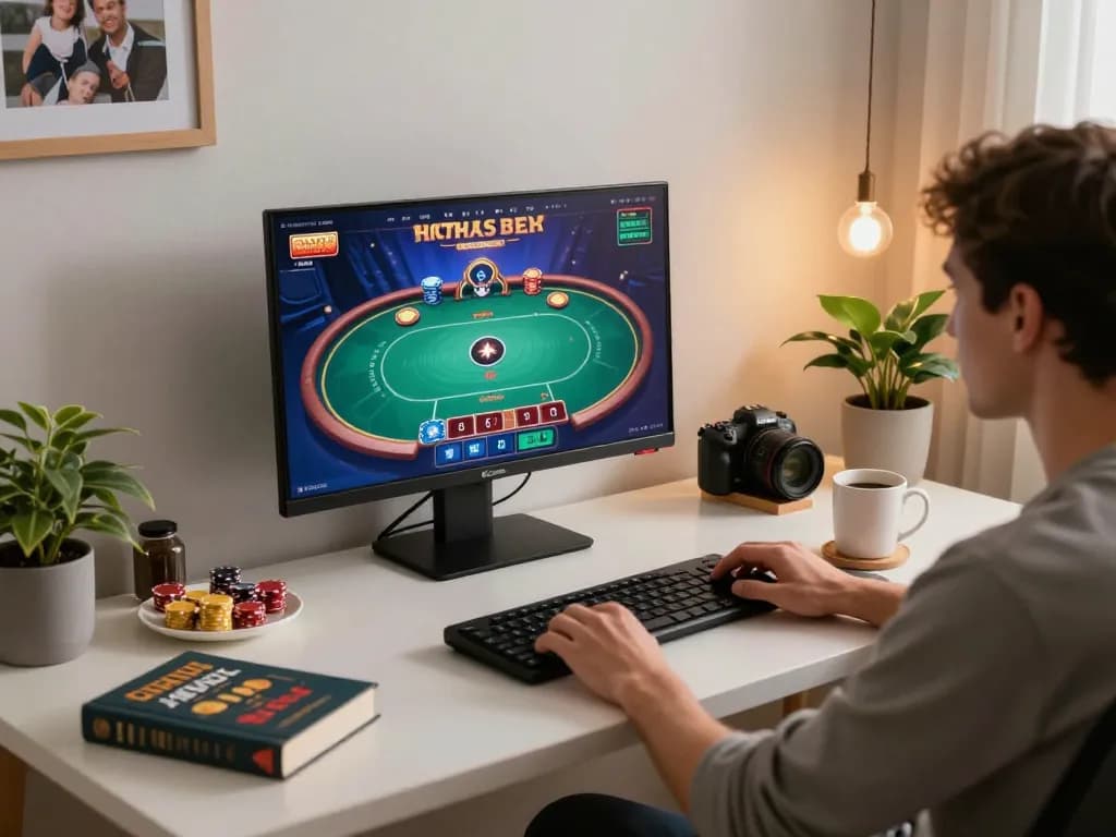 Online gambler utilizing the onbet platform for strategic gameplay in a stylish home setup.