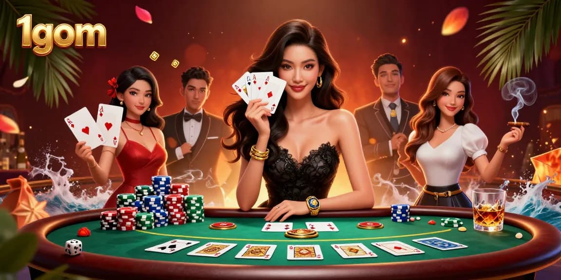Experience thrilling gameplay with 1gom as an elegant woman showcases ace cards in a luxury casino.
