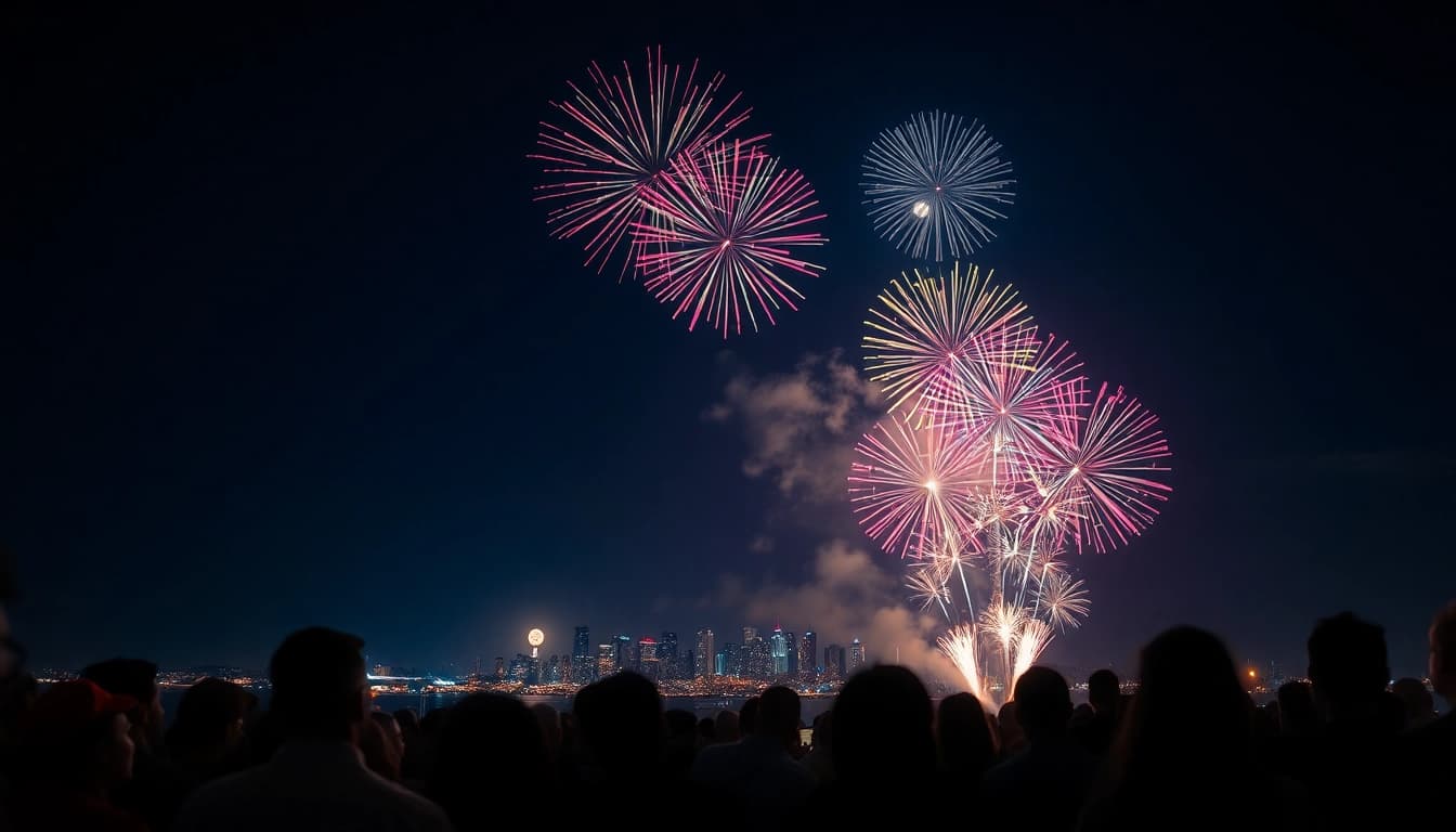 People enjoying a fireworks display in the UK featuring vibrant colors and patterns.