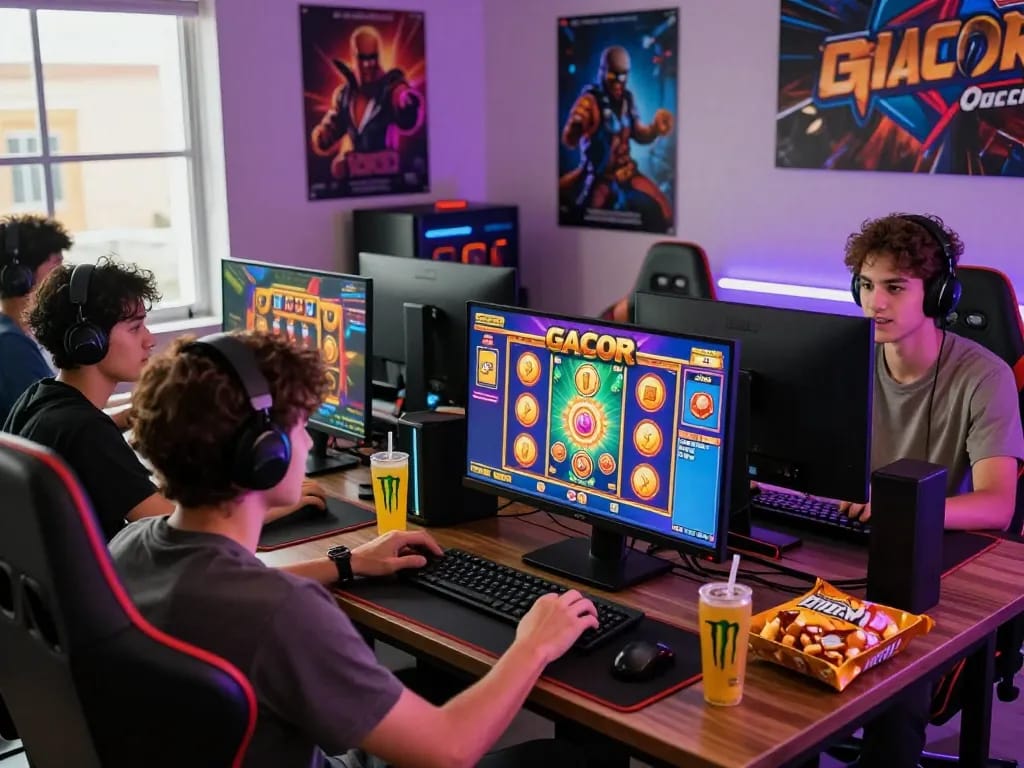 Exciting gaming scene with friends playing slot gacor online, showcasing vibrant visuals and energy drinks.