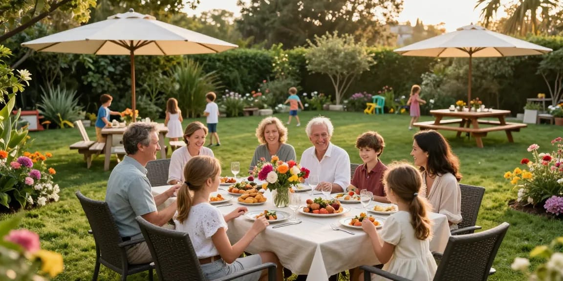 Stylish garden patio furniture set featuring a 9-piece dining arrangement, colorful floral backdrop, and family gathering.