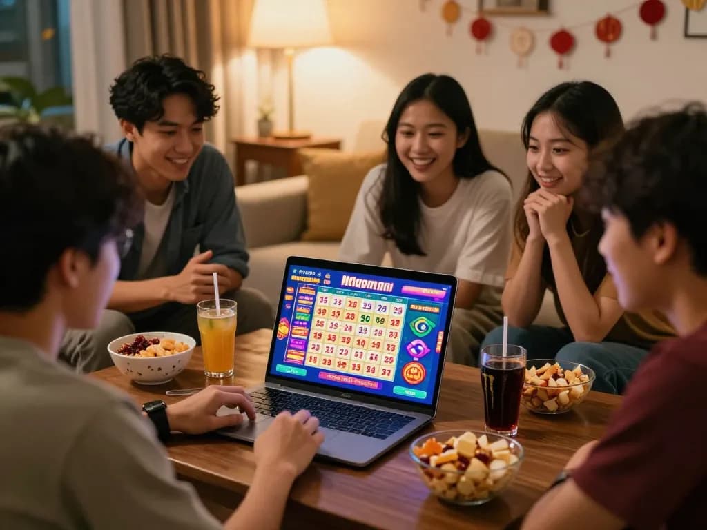 Friends excitedly discussing strategies for HK Malam Ini lottery while betting online.