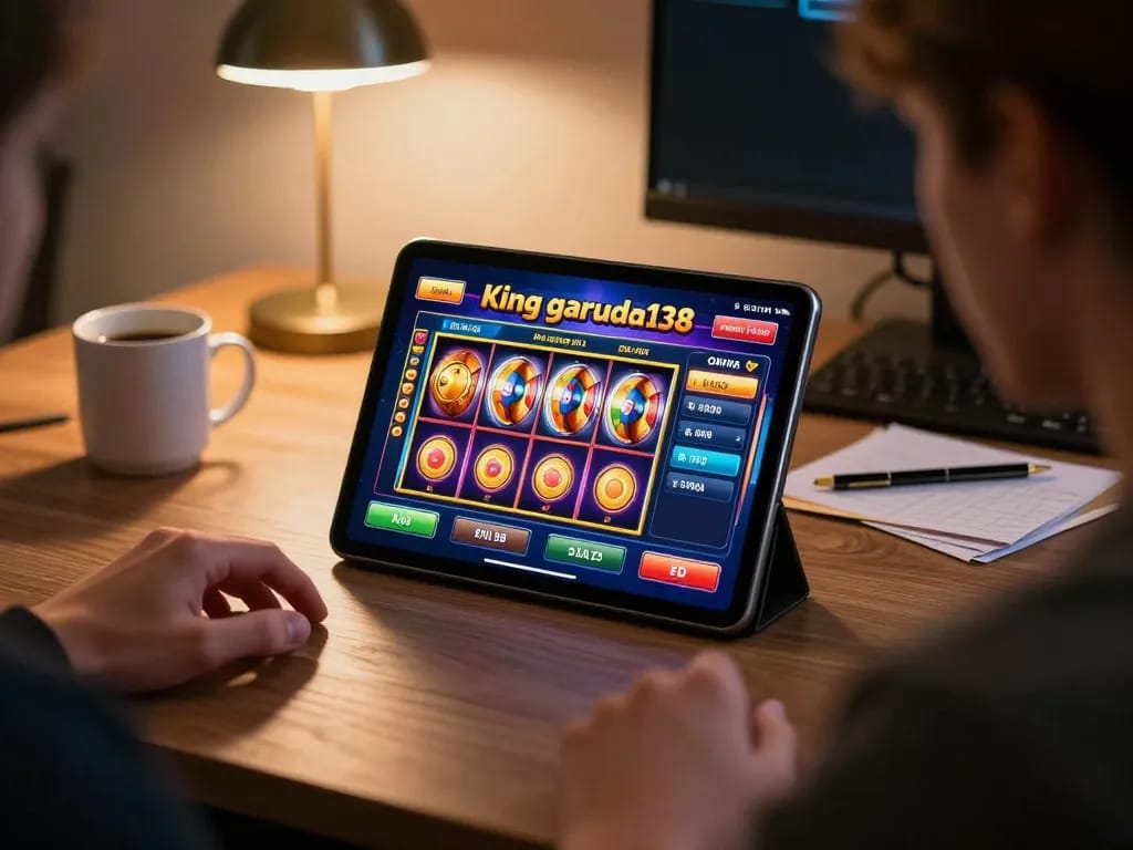 Engaging user actively playing at king garuda138 online casino on a tablet with colorful slot display