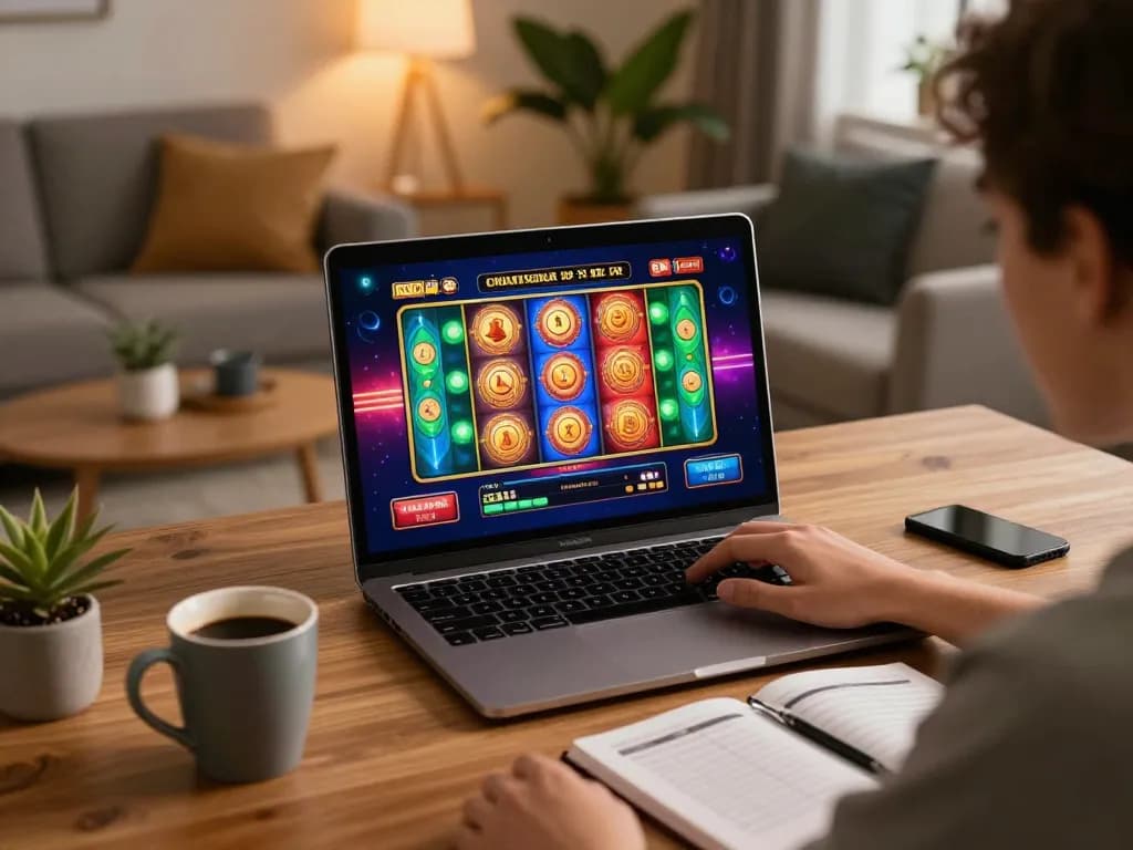 Engaging in online gameplay at AX88 with colorful slot visuals and cozy home setup.