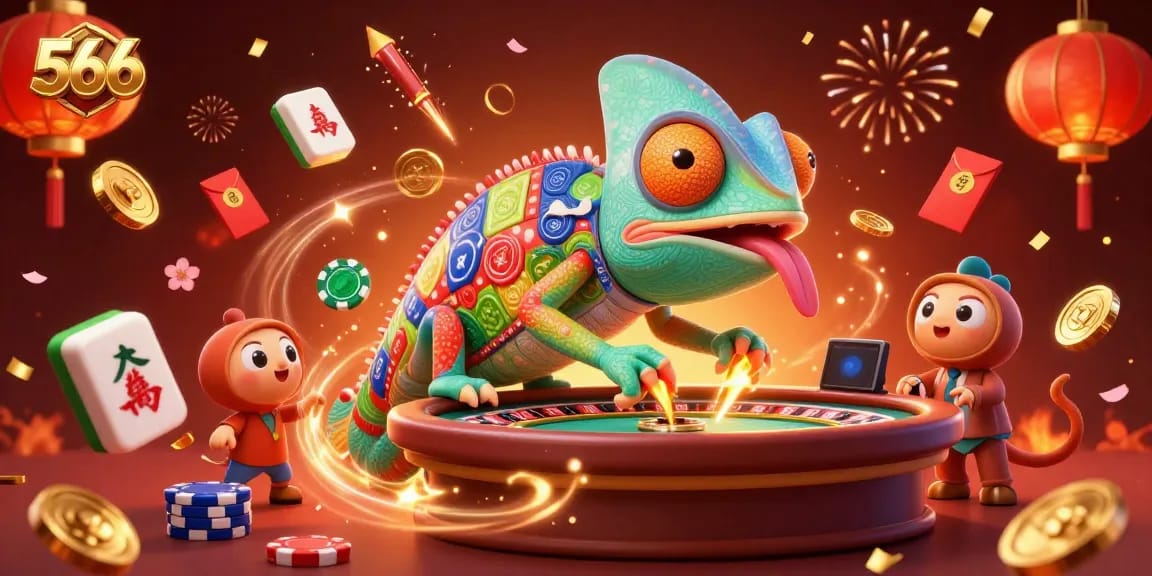 Engage with 566's vibrant casino experience featuring a colorful chameleon and immersive game elements.