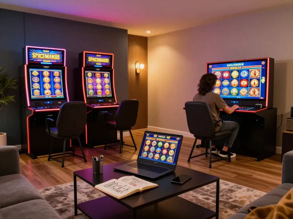 Engaging user at SPACEMAN88 situs slot on laptop displaying vibrant games and strategy notes in cozy home setting.