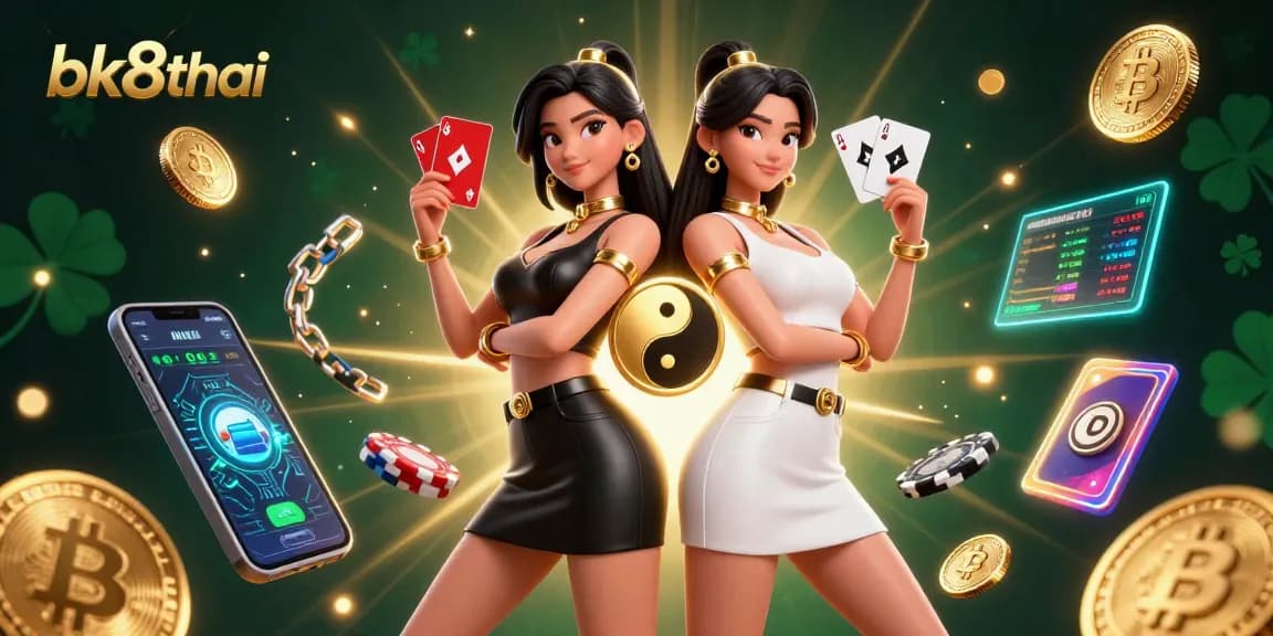Engage in thrilling gameplay with bk8thai featuring Asian women showcasing poker cards and crypto elements.