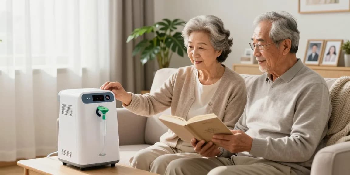 Couple utilizing a 家用氧氣機 in a warm living room, emphasizing comfort and wellness.