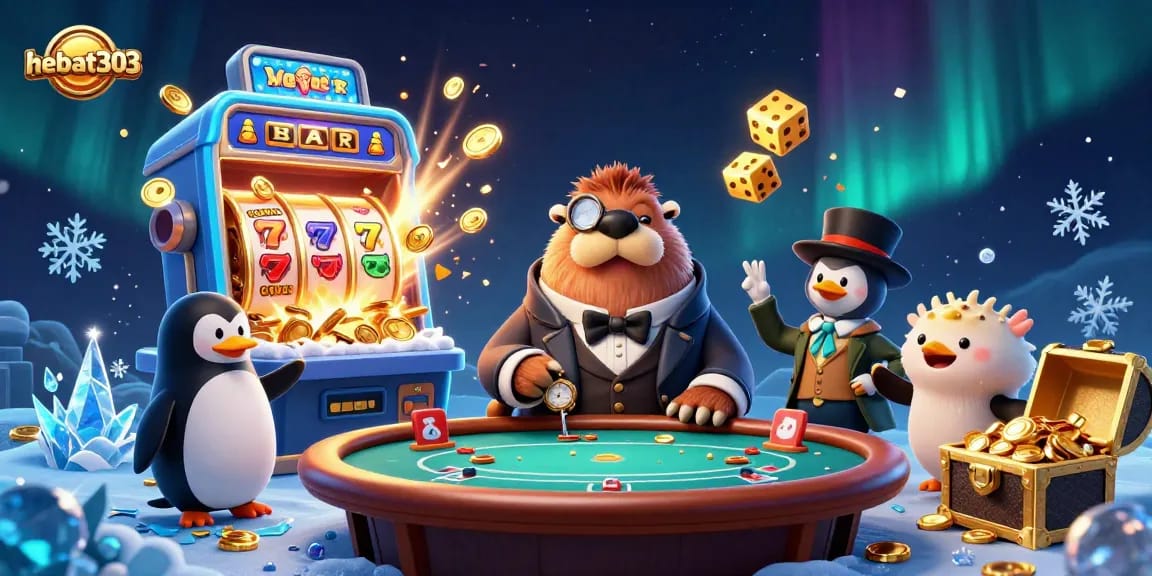 Experience winning thrills at hebat303 with a lively underwater poker game illustration.