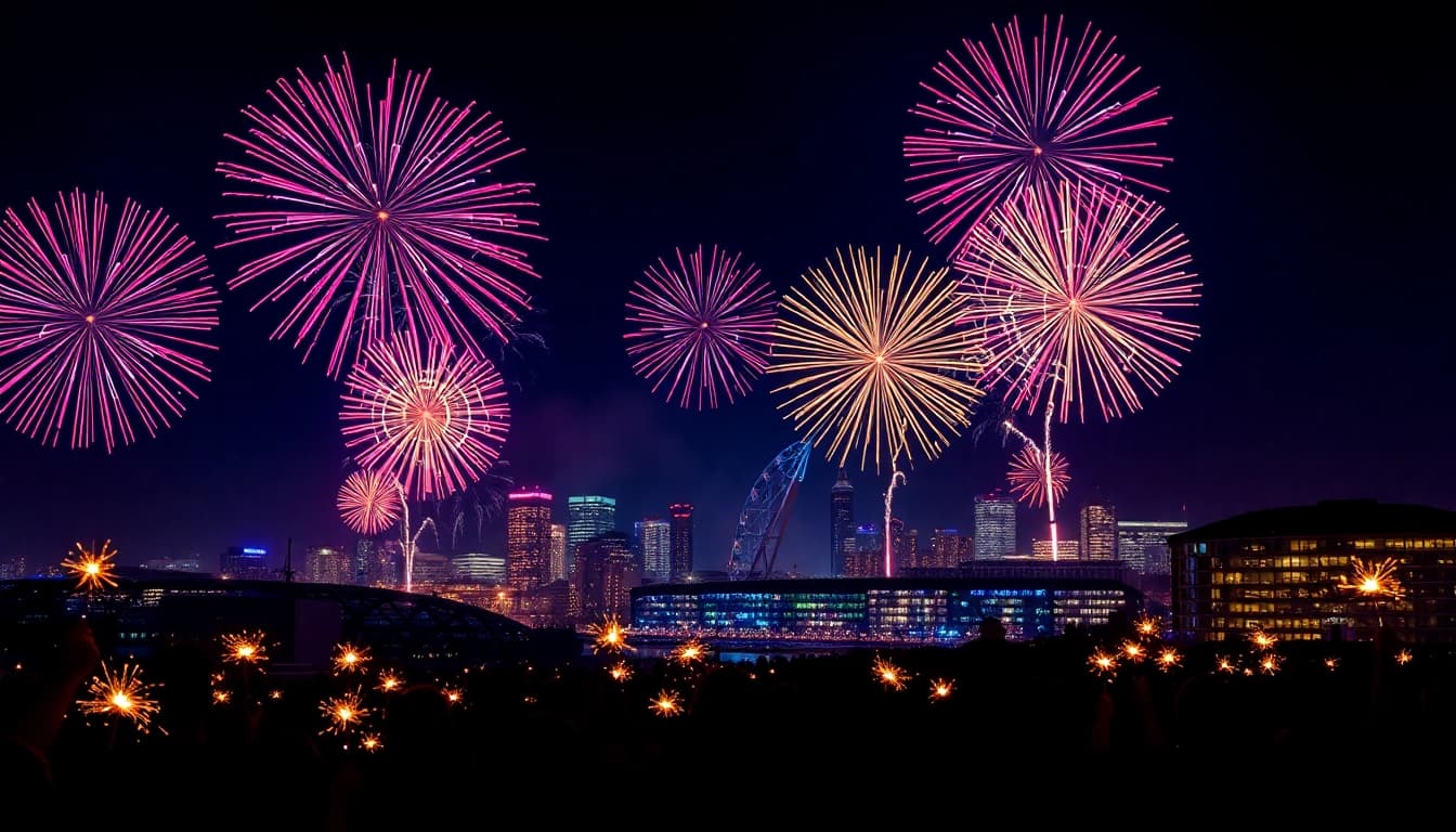 Buy fireworks Manchester in a vibrant sky filled with colorful fireworks, showcasing a festive atmosphere.