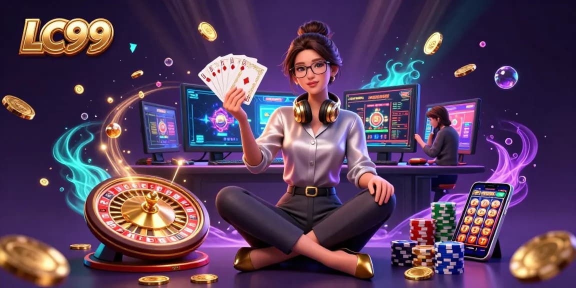 Experience the excitement of LC99 casino games with a dynamic 3D illustration featuring elegant Asian gamer.