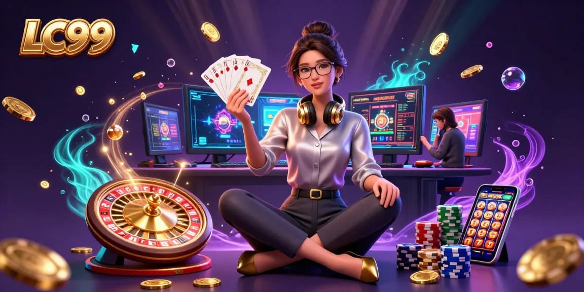 Experience the excitement of LC99 casino games with a dynamic 3D illustration featuring elegant Asian gamer.