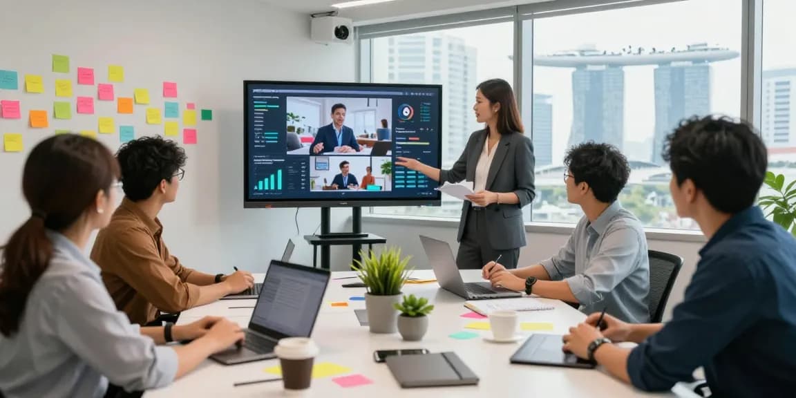 Video marketing agency Singapore team collaborating on video strategy in a modern office setting.