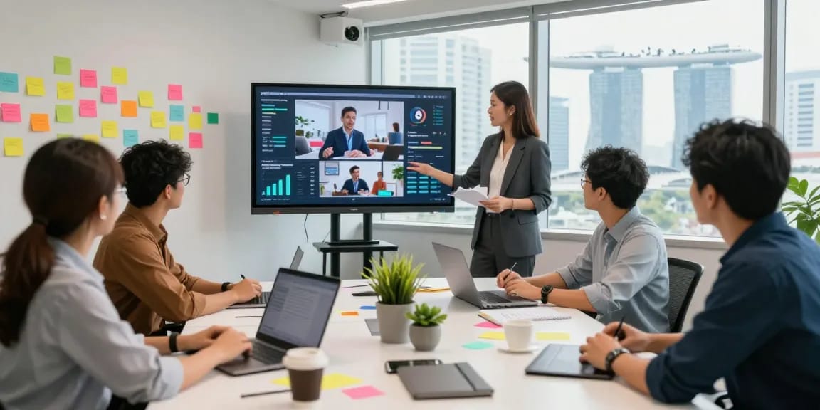 Video marketing agency Singapore team collaborating on video strategy in a modern office setting.
