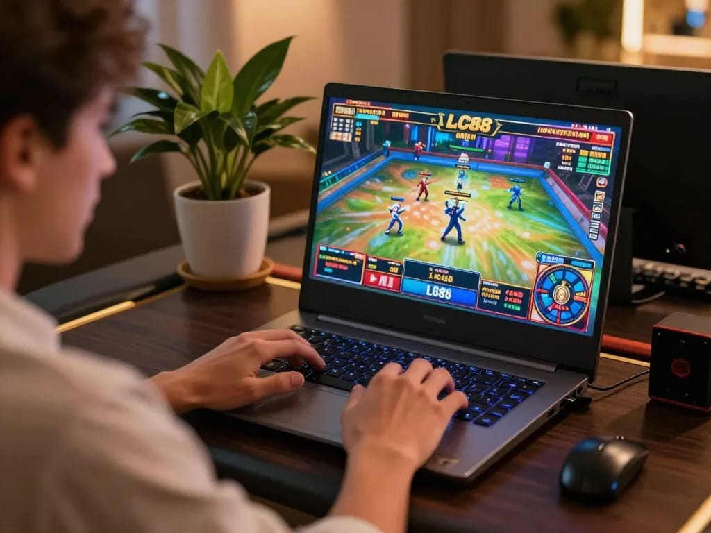 Experience the thrill of online gaming at lclc88, with a player immersed in exciting slot gameplay