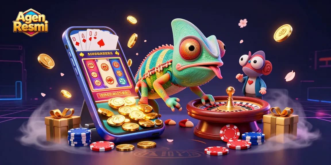 Agen Resmi chameleon casino owner catching golden coins with a dynamic gaming scene.