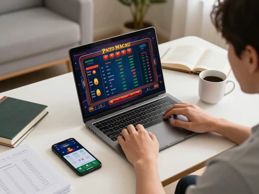 Paito Macau gaming session in a cozy home office setup with vibrant screens.