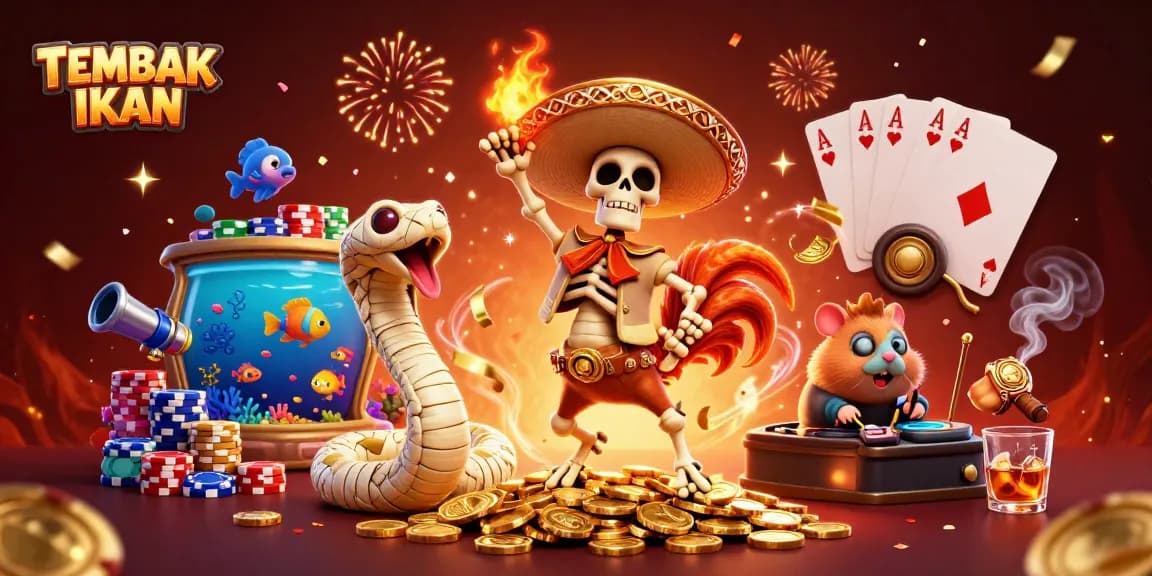 TEMBAK IKAN unleashes a winning spirit with vibrant 3D characters celebrating on a pile of coins.