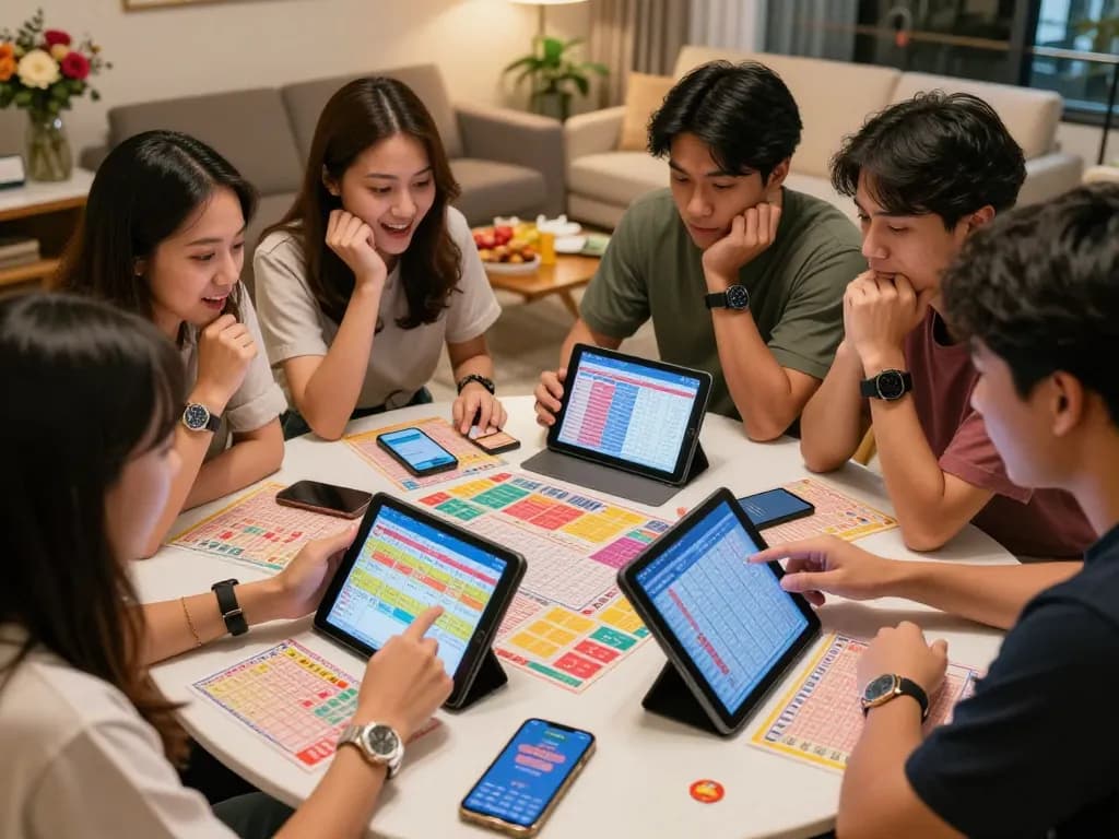 Friends excited about HK Malam Ini lottery results, gathered with devices and tickets.