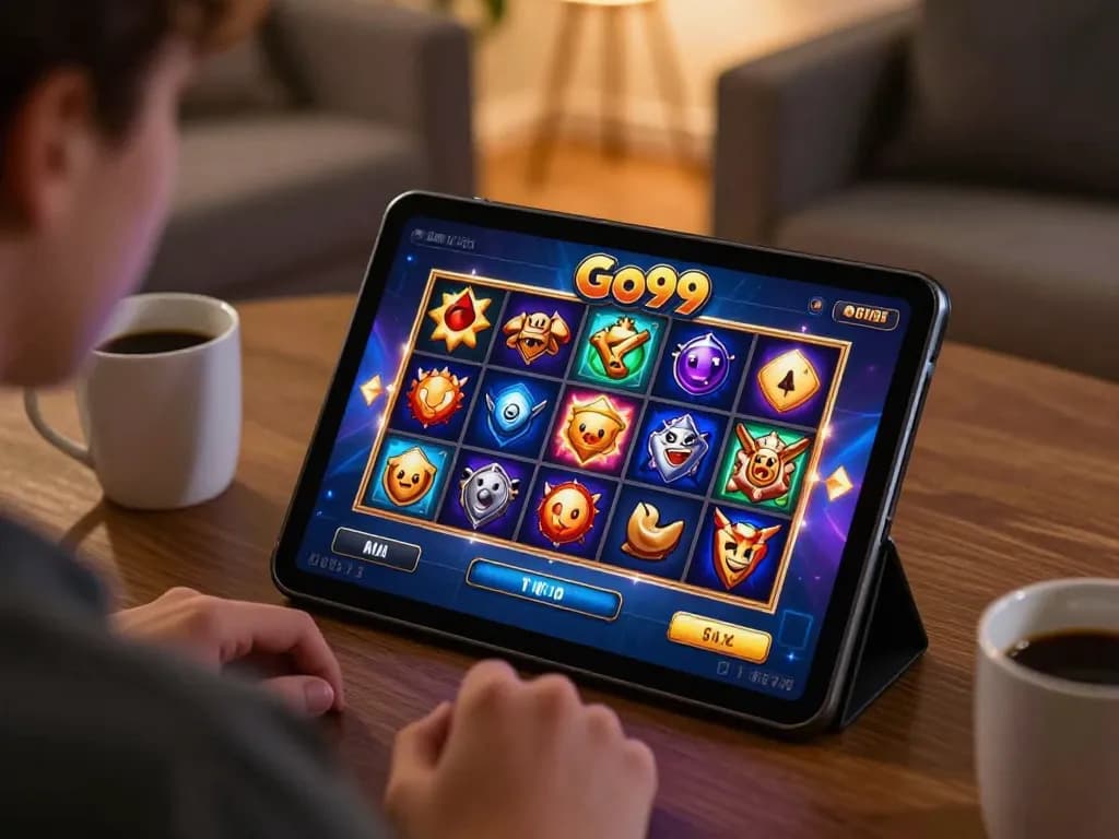 Engaging Go99 player enjoying a thrilling slots experience while gaming from home.