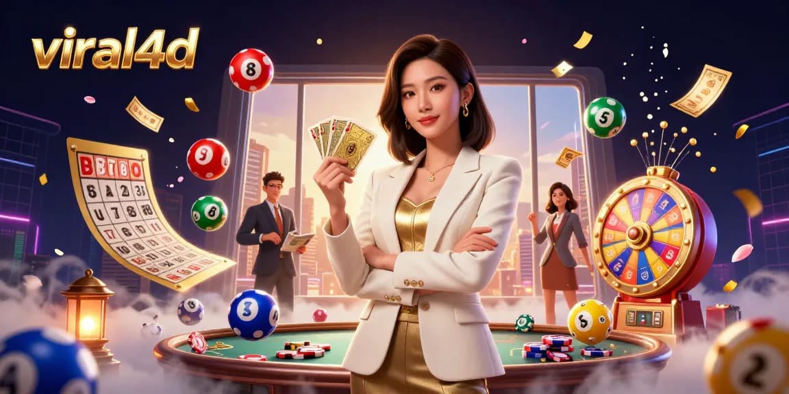 Experience the excitement of viral4d with a glamorous Asian woman surrounded by vibrant casino elements.