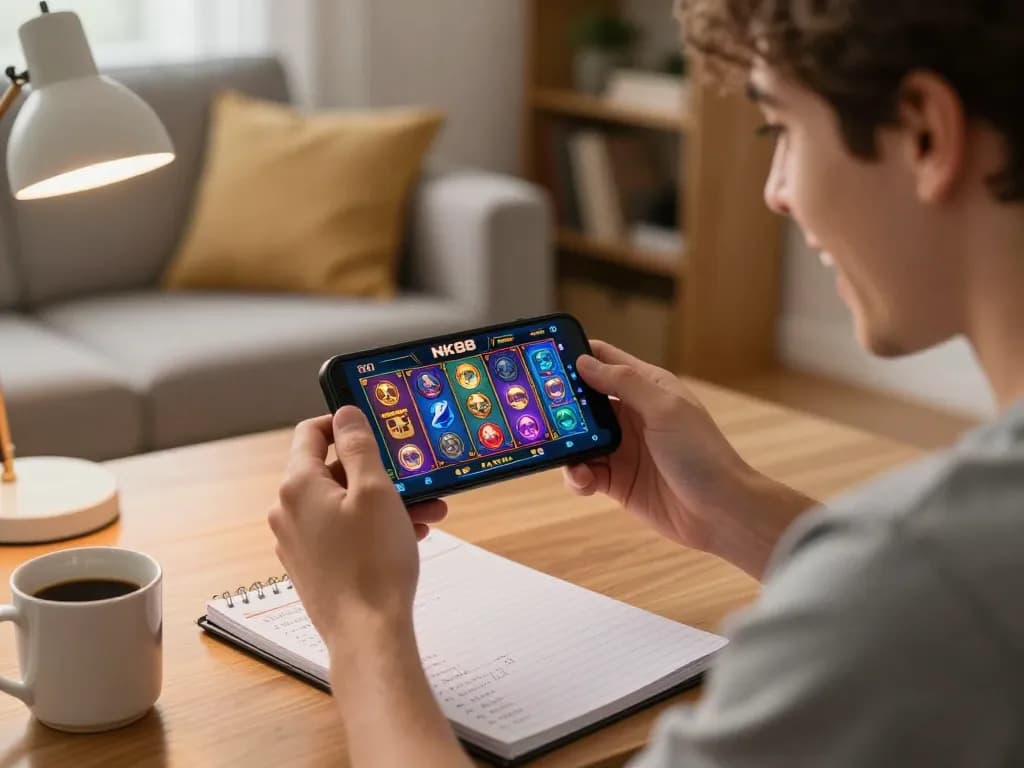 Player enthusiastically engaging with the NK88 app for online gaming, showing vibrant slot machine graphics and strategy notes.