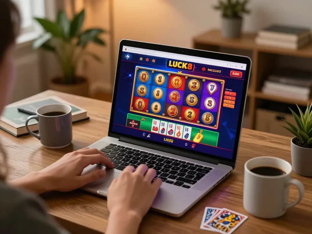 Play LUCK8 online slots while enjoying a warm home atmosphere in a cozy workspace.