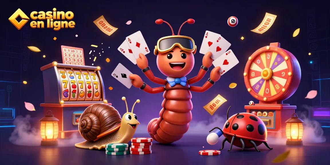Découvrez des jeux fascinants sur un casino en ligne, entouré de personnages divertissants et d'éléments de jeu dynamiques.