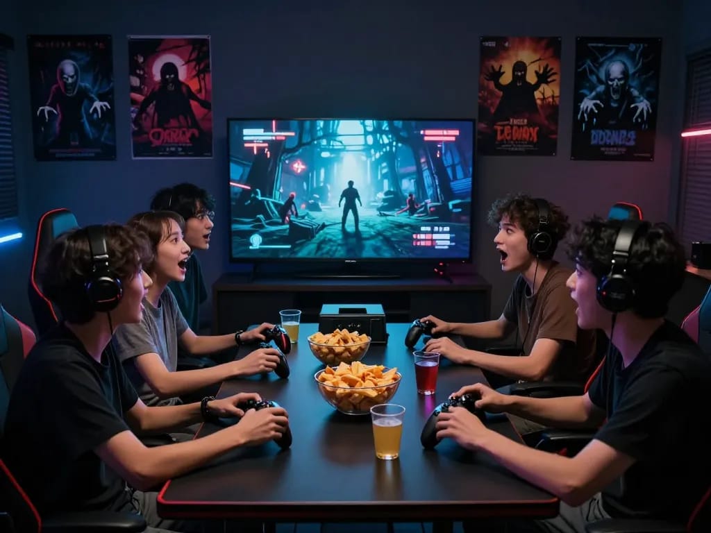 Friends enjoying horror games together, showcasing the resurgence of horror games in 2026.