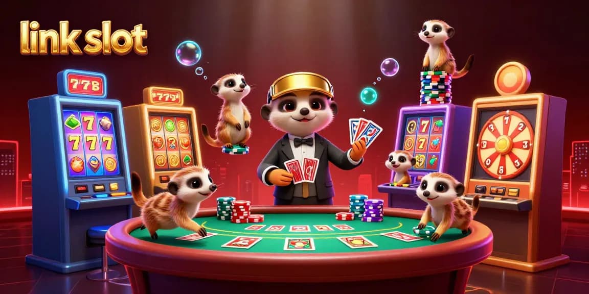 Experience the thrill of link slot as meerkats run a lively casino with vibrant slot machines and poker tables.