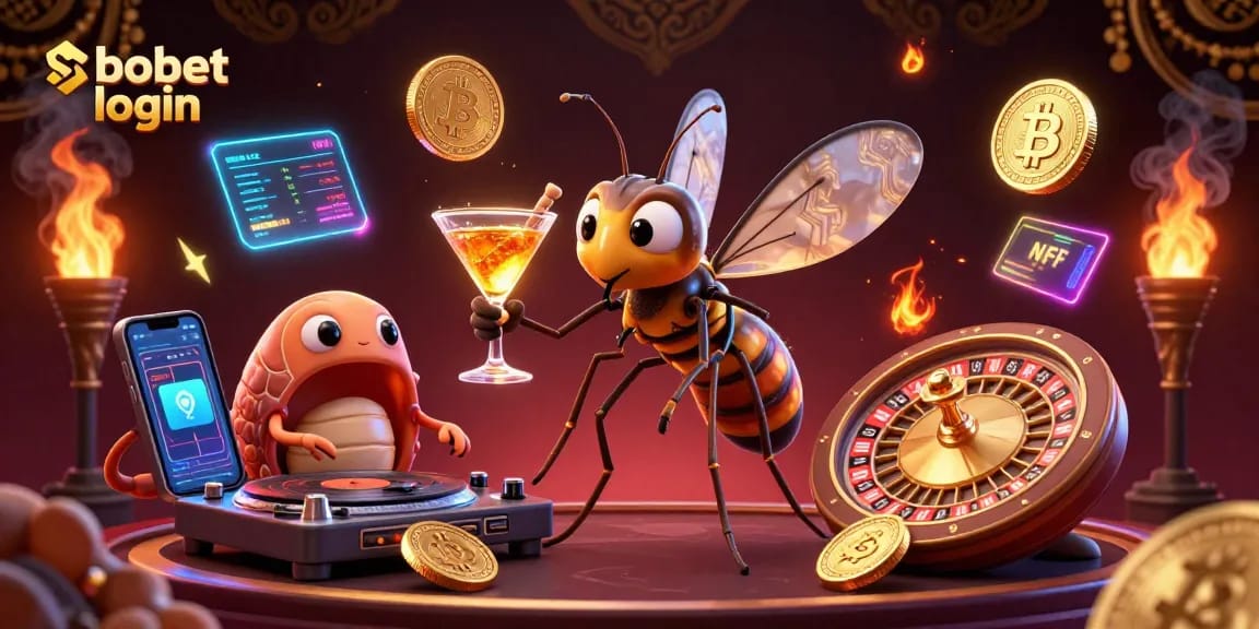 Place bets seamlessly with sbobet login, featuring a casino mascot and vibrant crypto elements.