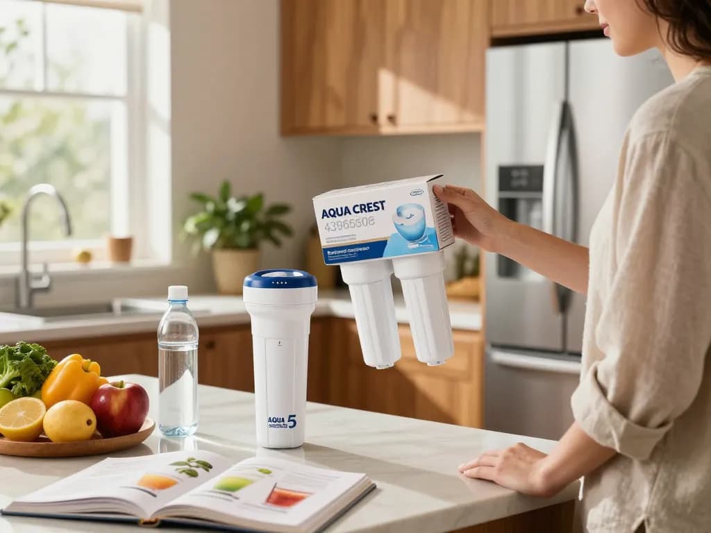 AQUA CREST 4396508 Replacement for Everydrop® Filter 5 showcased in a bright kitchen with fresh produce and water bottle.