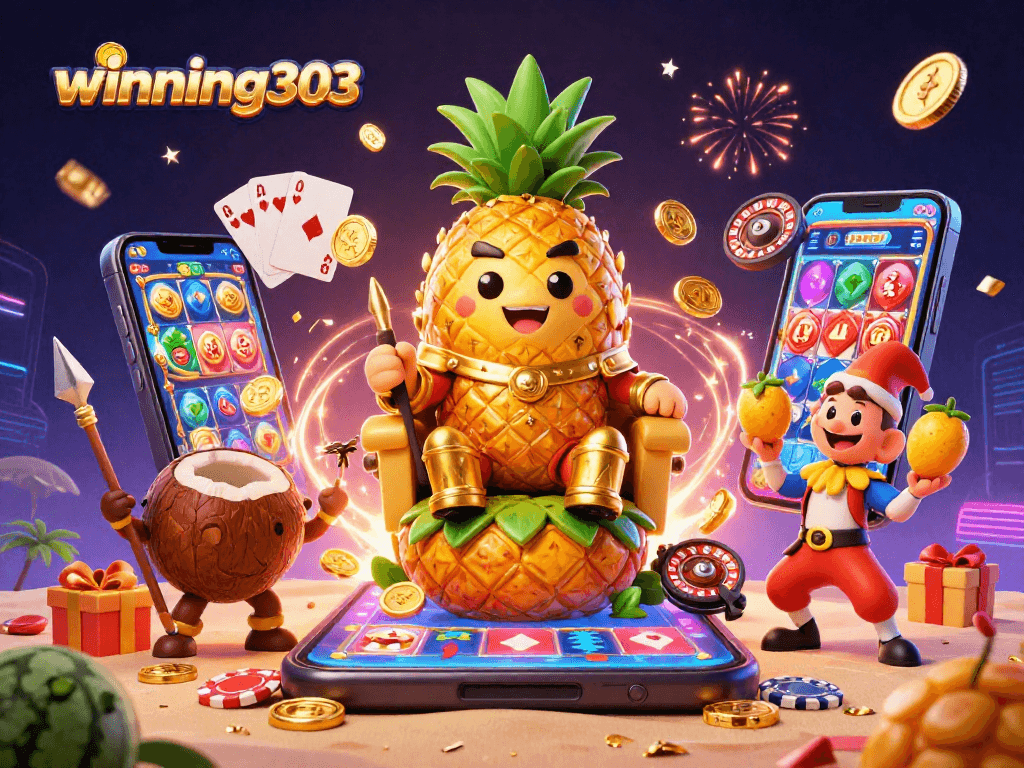 Winning303 casino illustration featuring a golden pineapple king amidst vibrant gaming elements.