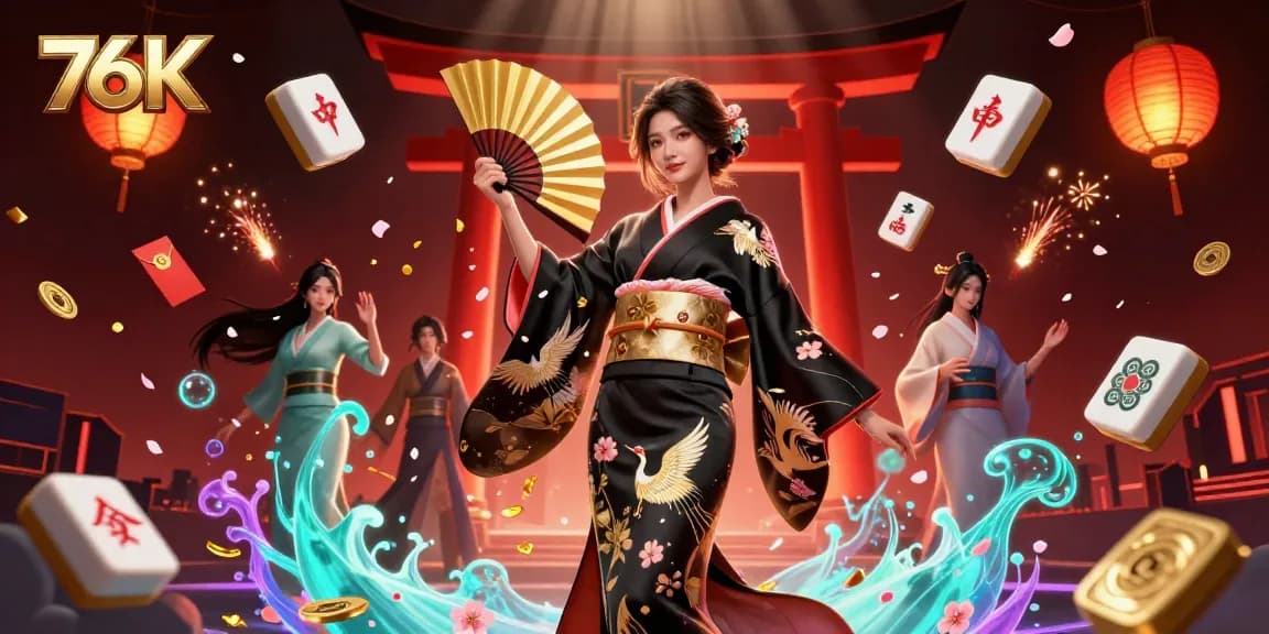 Experience the thrill of 76K with a stunning illustration of a beautifully dressed Asian woman amidst vibrant casino elements.