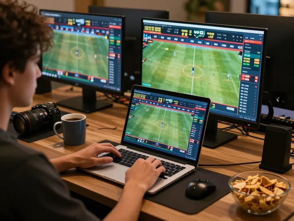 Betting on sports with 888top through a sleek laptop in a vibrant online gaming setup.