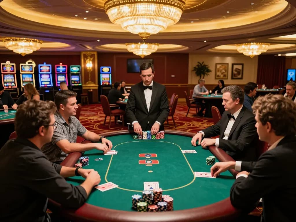 Players strategizing at an intense poker game at a luxurious casino, highlighting impactxoft on their winning tactics.